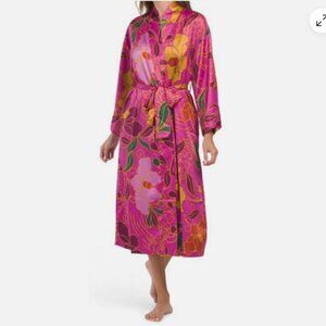 NATORI Women Satin Floral Long Robe Kimono Long Sleeve Passion Pink 1X